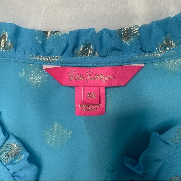 Lilly Pulitzer Giana Silk Long Sleeve Top in Bermuda Blue Seagrass and Gold XS - Picture 12 of 15